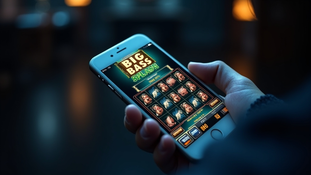 Mobile phone displaying the Big Bass Splash demo slot in a dark casino atmosphere